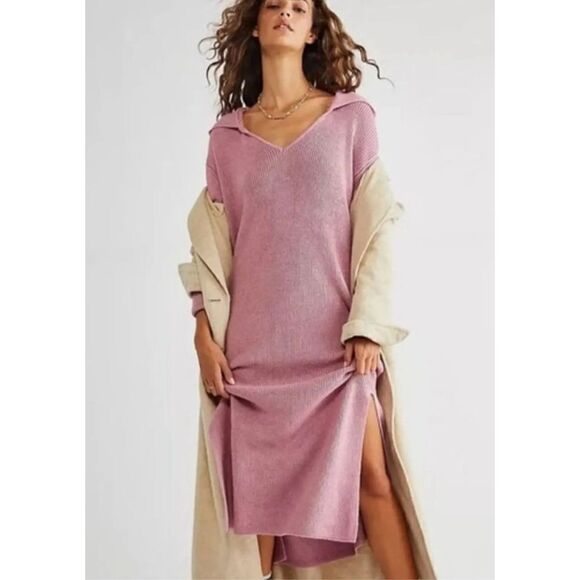 Free People Beach Claudia Sweater Knit Hooded Dress in Dusty Rose Sz S - Picture 1 of 11